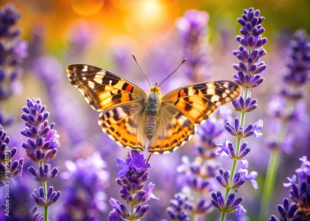 Painted lady flitting on lavender, a vast garden panorama. Painted lady flitting on lavender, a vast garden panorama.