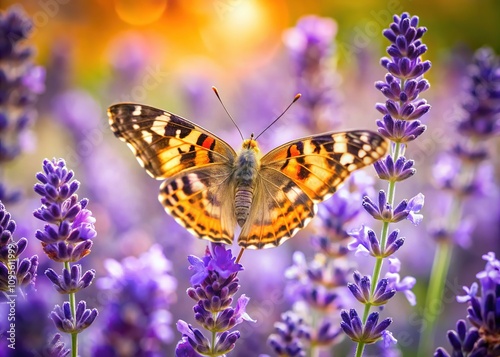 Painted lady flitting on lavender, a vast garden panorama.