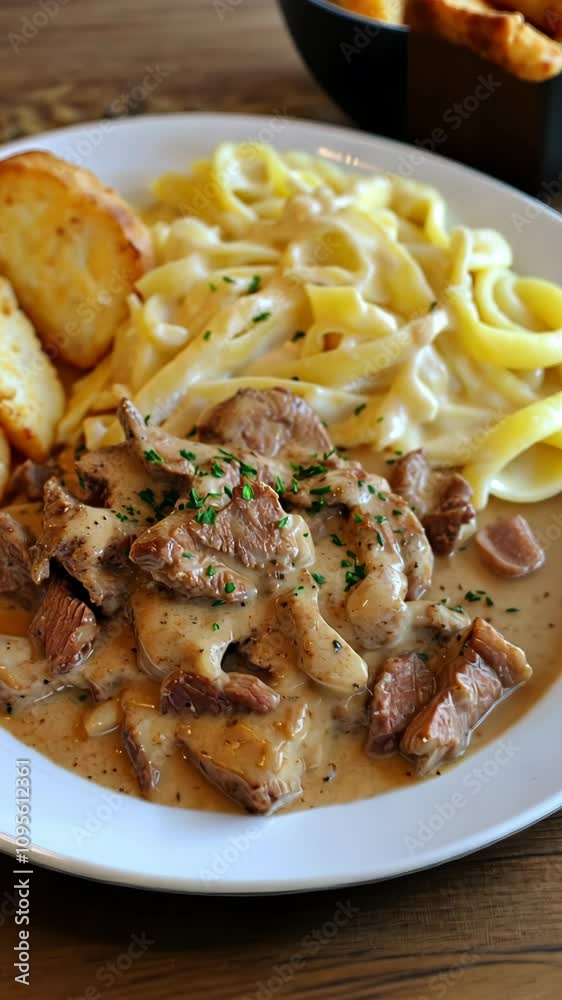 Delicious beef stroganoff served with fettuccine and crispy potatoes in a cozy dining setting Delicious beef stroganoff served with fettuccine and crispy potatoes in a cozy dining setting