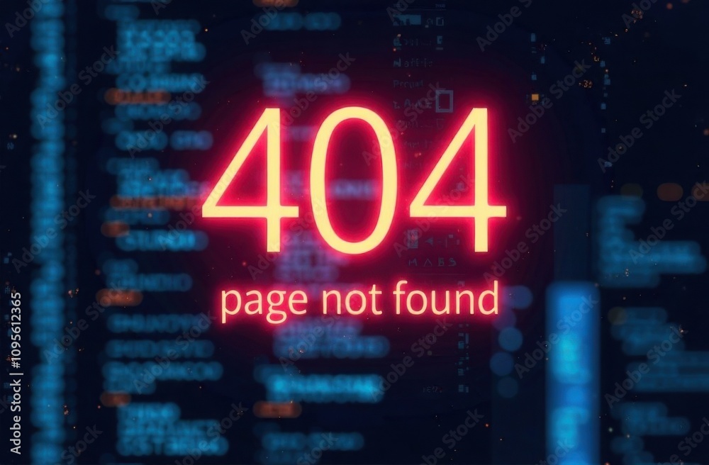 sign with glowing neon text in center “404” and text sign with glowing neon text in center “404” and text