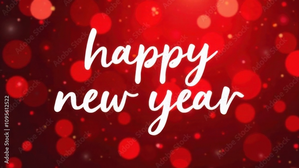 Big white Handwriting thin Letters “happy new year ” over red Christmas blurred background Big white Handwriting thin Letters “happy new year ” over red Christmas blurred background