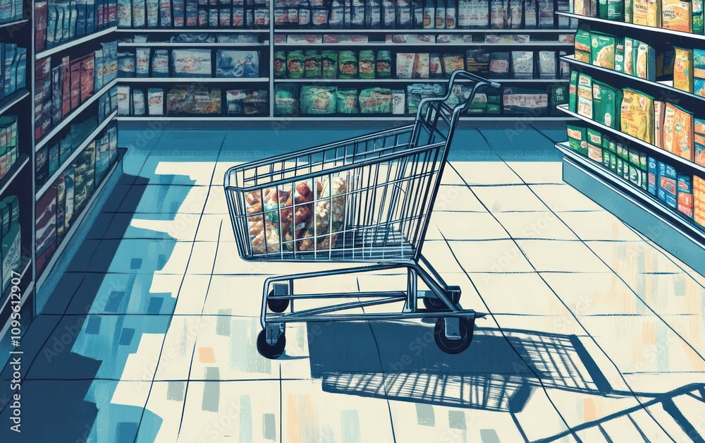Empty shopping cart in a grocery store aisle Empty shopping cart in a grocery store aisle