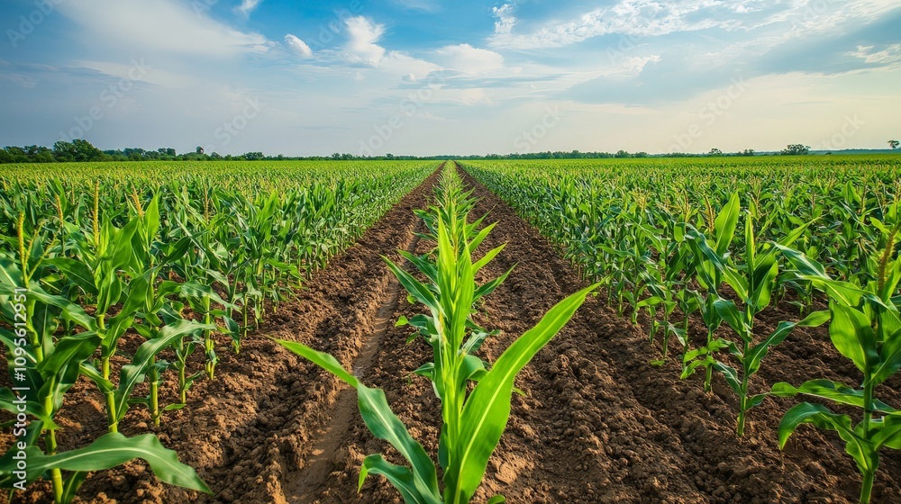 A wide-angle shot of a corn plantation, with rows of green stalks and golden corn cobs swaying gently in the breeze, extending to the horizon. A wide-angle shot of a corn plantation, with rows of green stalks and golden corn cobs swaying gently in the breeze, extending to the horizon.