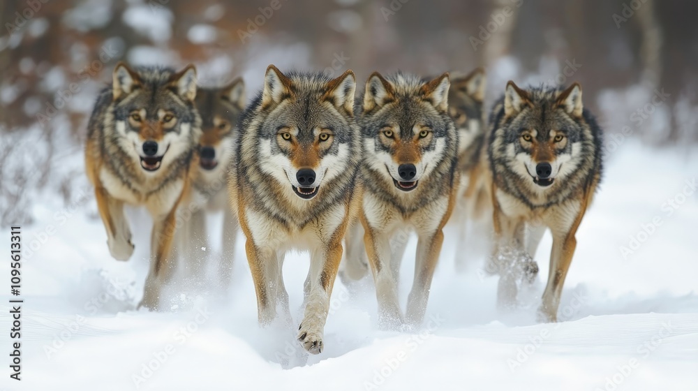 A wolf pack walking through the snow, their breath visible as they move together in the winter wilderness. A wolf pack walking through the snow, their breath visible as they move together in the winter wilderness.