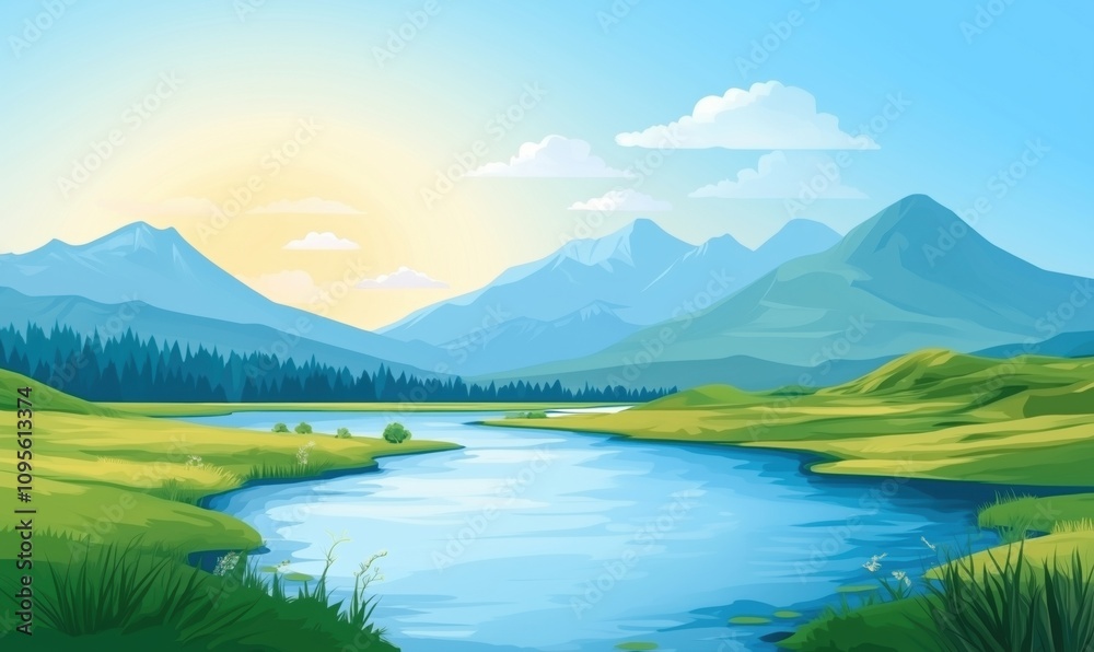 Scenic landscape with mountains and river, vibrant blue sky, lush green hills, and serene water reflecting sunlight Scenic landscape with mountains and river, vibrant blue sky, lush green hills, and serene water reflecting sunlight