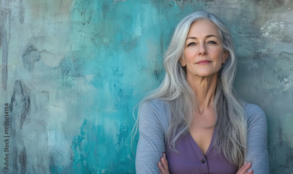 Portrait of confident woman with long gray hair, serene expression, standing against textured blue wall, showcasing beauty and grace Portrait of confident woman with long gray hair, serene expression, standing against textured blue wall, showcasing beauty and grace