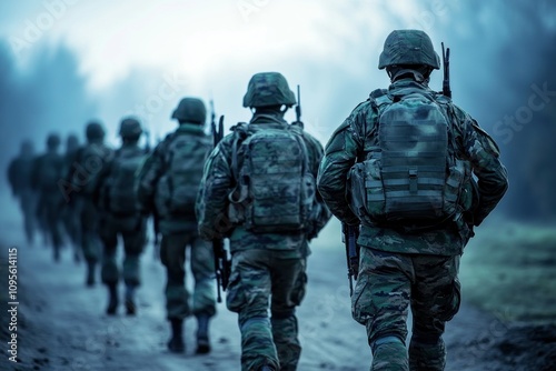 Soldiers marching in formation in a foggy outdoor setting