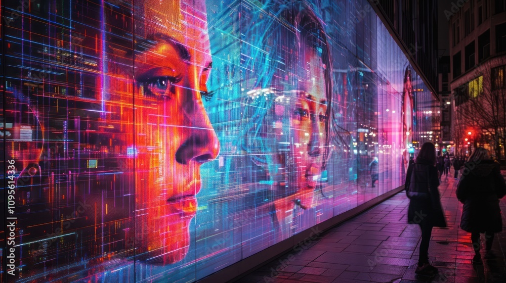 A vibrant digital mural depicting human faces with abstract patterns and bright colors. A vibrant digital mural depicting human faces with abstract patterns and bright colors.