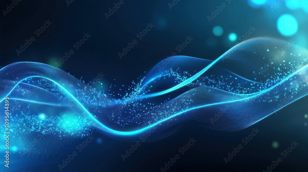 Abstract blue wave with glowing particles and bokeh effect on dark background.