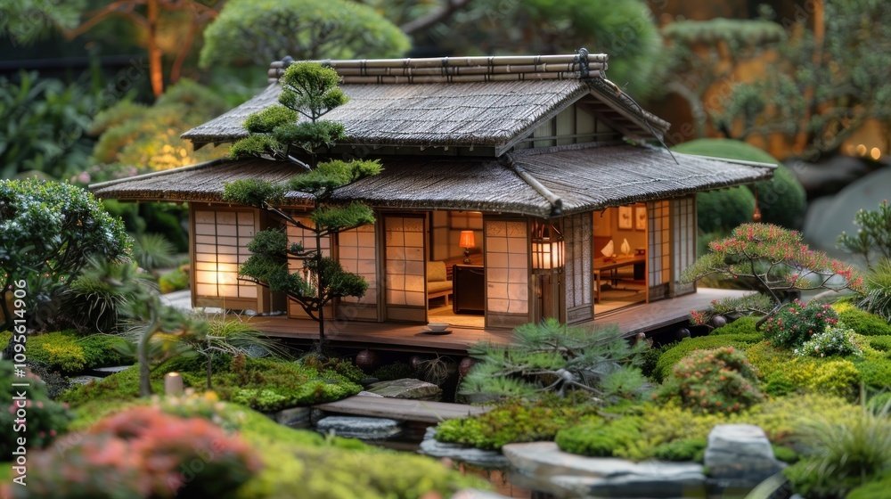 A serene Japanese-style house surrounded by lush greenery and tranquil landscaping. A serene Japanese-style house surrounded by lush greenery and tranquil landscaping.