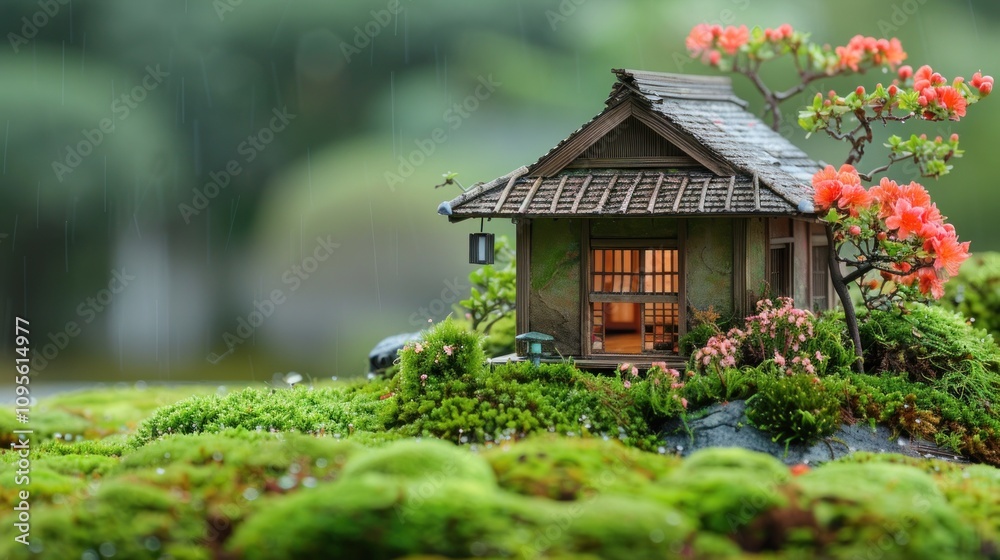 A serene miniature house surrounded by lush greenery and vibrant flowers in a tranquil setting. A serene miniature house surrounded by lush greenery and vibrant flowers in a tranquil setting.