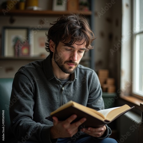 Young Man Reading a Book in Cozy Indoor Setting