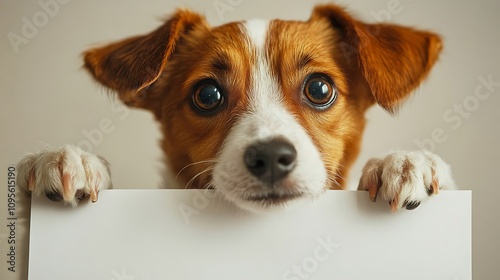 Playful dog with a sign indoor home setting pet photography close-up adorable concept