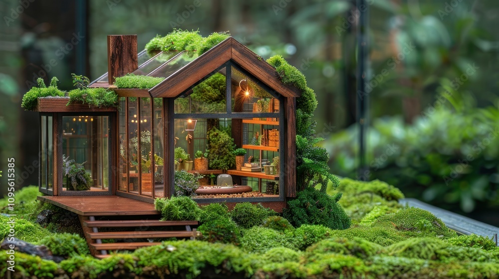 A miniature house surrounded by lush moss and greenery, showcasing intricate design and nature. A miniature house surrounded by lush moss and greenery, showcasing intricate design and nature.