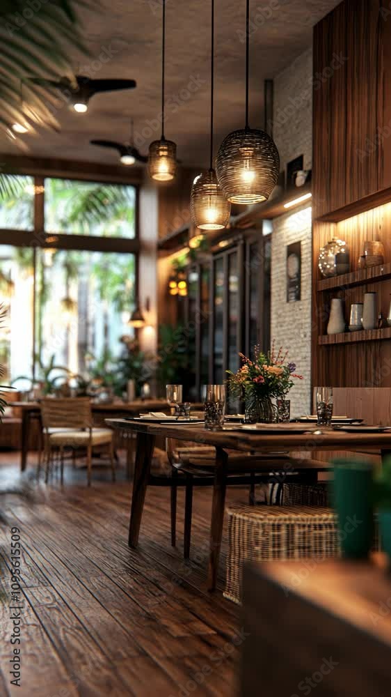 Elegant indoor dining space with wooden decor and warm lighting inviting relaxed conversations in a tropical setting Elegant indoor dining space with wooden decor and warm lighting inviting relaxed conversations in a tropical setting