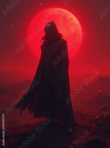 Mysterious Figure in Dark Cloak Against a Red Moonlit Landscape