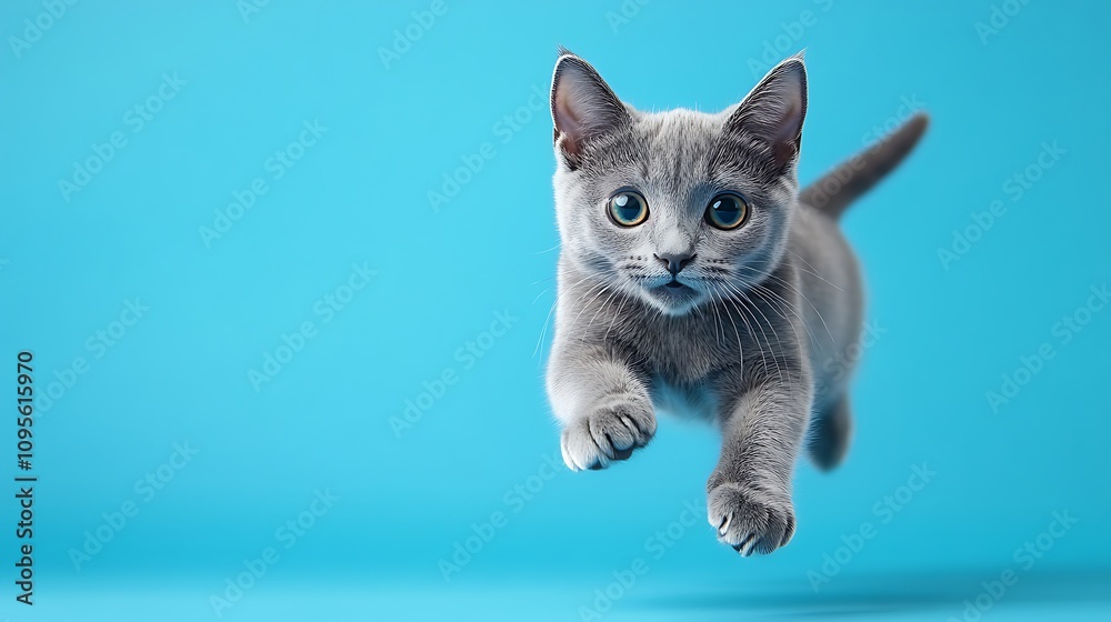 Fototapeta premium Playful cat leaping in bright blue background lifestyle animals