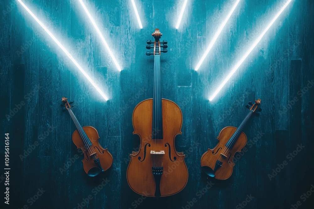 Fototapeta premium Dynamic violin display artistic venue photography modern setting elevated angle music and light concept