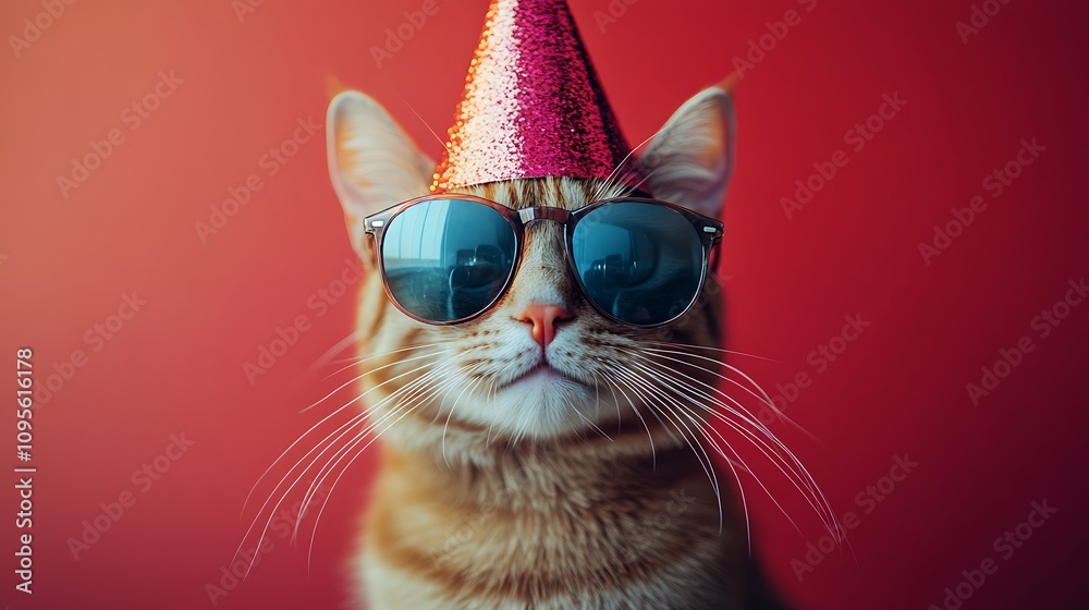 Playful cat in sunglasses and party hat home setting portrait Playful cat in sunglasses and party hat home setting portrait
