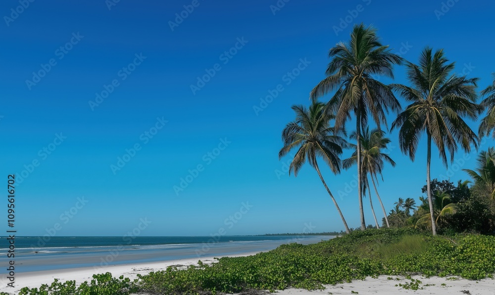Tropical beach with palm trees and clear blue sky, serene coastline, white sand, lush greenery, calm ocean waves Tropical beach with palm trees and clear blue sky, serene coastline, white sand, lush greenery, calm ocean waves