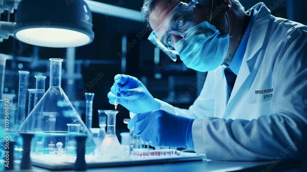 A scientist conducts experiments in a lab, using glassware and pipettes under a bright light. A scientist conducts experiments in a lab, using glassware and pipettes under a bright light.
