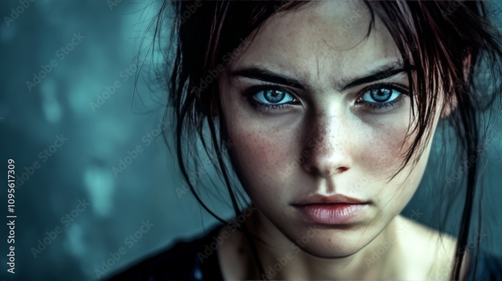 A young woman with a determined expression, staring straight ahead, her face full of focus and intensity. A young woman with a determined expression, staring straight ahead, her face full of focus and intensity.