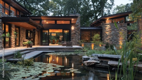 Modern home with stone accents and a serene pond surrounded by lush greenery.