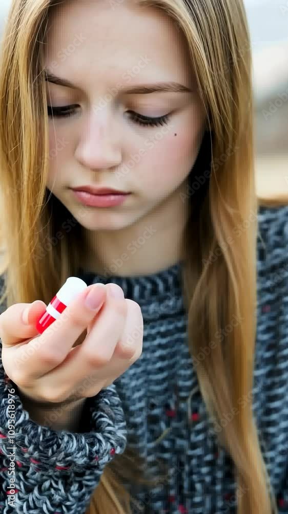Young girl examining lip balm while enjoying an outdoor moment in a cozy sweater during autumn Young girl examining lip balm while enjoying an outdoor moment in a cozy sweater during autumn