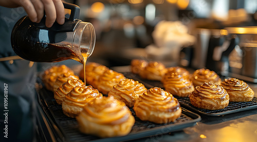 A baker pours syrup over freshly made pastries, showcasing a delicious treat in a warm, inviting cafe setting.