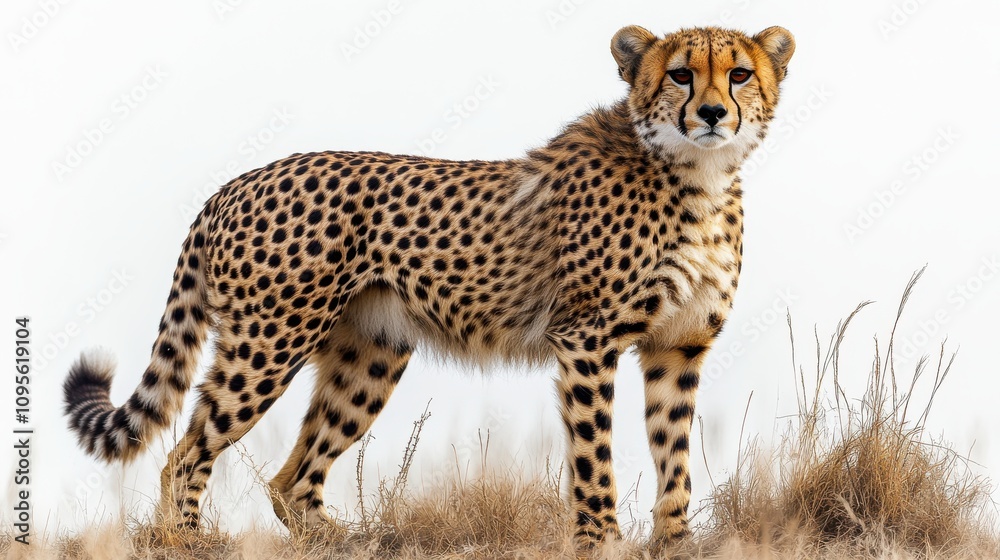 a cheetah standing on a white background