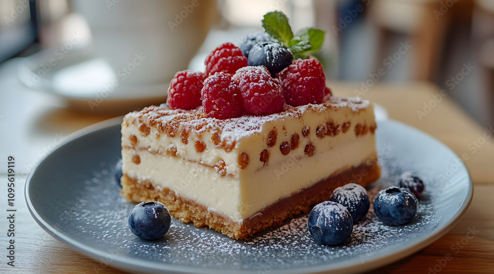 A delicious dessert slice topped with raspberries and blueberries, dusted with powdered sugar, elegantly presented on a plate.