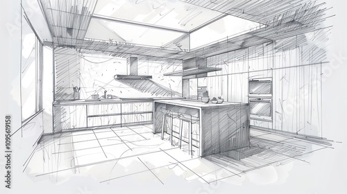 A sketched design of a modern kitchen featuring an island and minimalist elements.