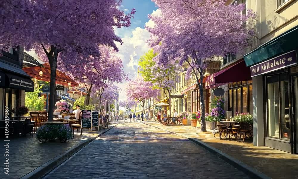 Charming Spring Street Scene with Blooming Cherry Blossom Trees and Bright Cafes in a Lively Urban Environment Perfect for Relaxation and Strolling Charming Spring Street Scene with Blooming Cherry Blossom Trees and Bright Cafes in a Lively Urban Environment Perfect for Relaxation and Strolling
