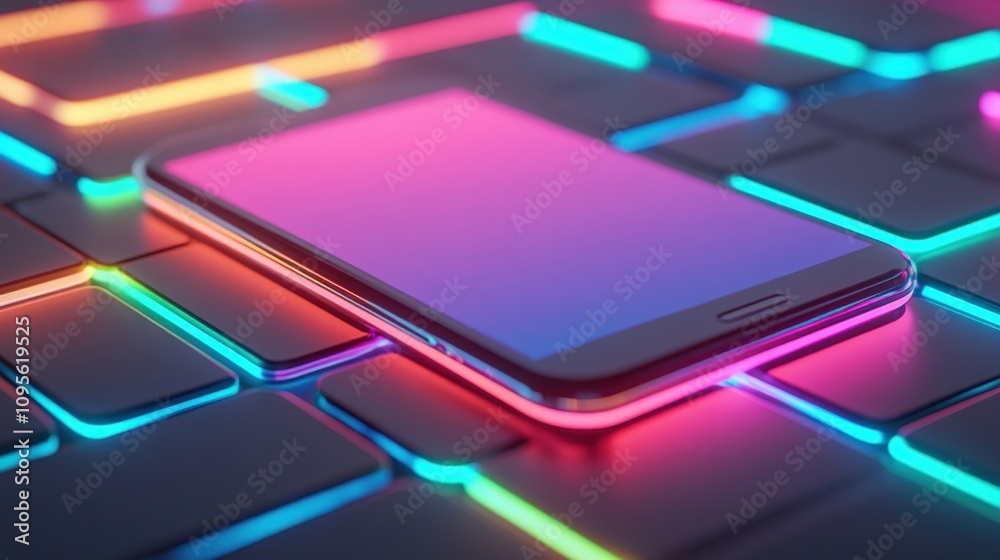 Futuristic Mobile Phone on Digital Neon Background Futuristic Mobile Phone on Digital Neon Background