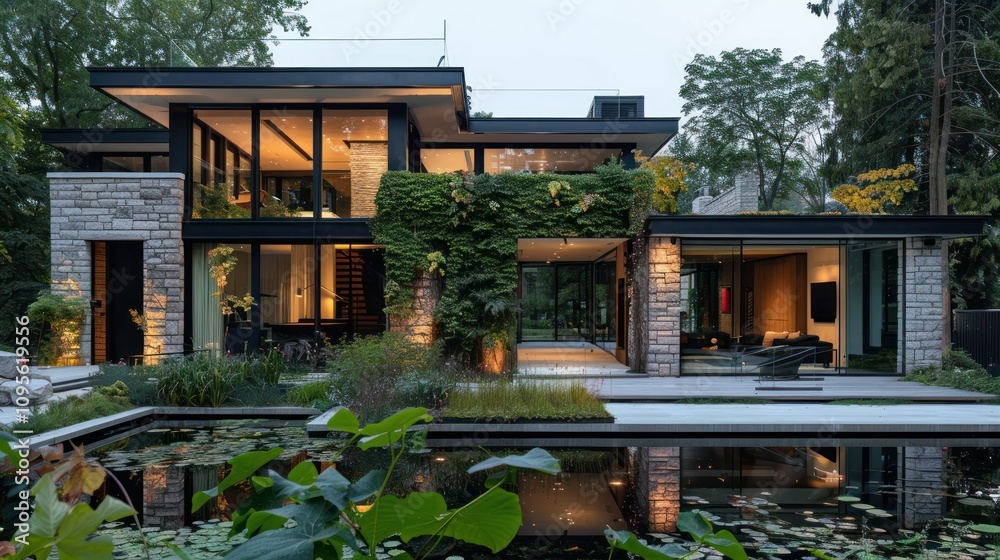 Modern house with glass walls and lush greenery, reflecting in a serene pond. Modern house with glass walls and lush greenery, reflecting in a serene pond.