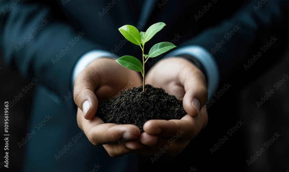 Hands holding small plant, symbolizing growth and sustainability. Businessman in suit nurturing green seedling in soil, representing environmental responsibility. Hands holding small plant, symbolizing growth and sustainability. Businessman in suit nurturing green seedling in soil, representing environmental responsibility.