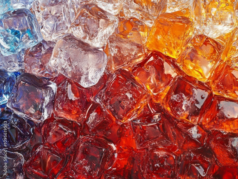 A Vibrant Close-Up of Tightly Packed Ice Cubes Showcasing a Spectrum of Colors from Clear to Amber to Deep Red for Culinary and Beverage Use A Vibrant Close-Up of Tightly Packed Ice Cubes Showcasing a Spectrum of Colors from Clear to Amber to Deep Red for Culinary and Beverage Use