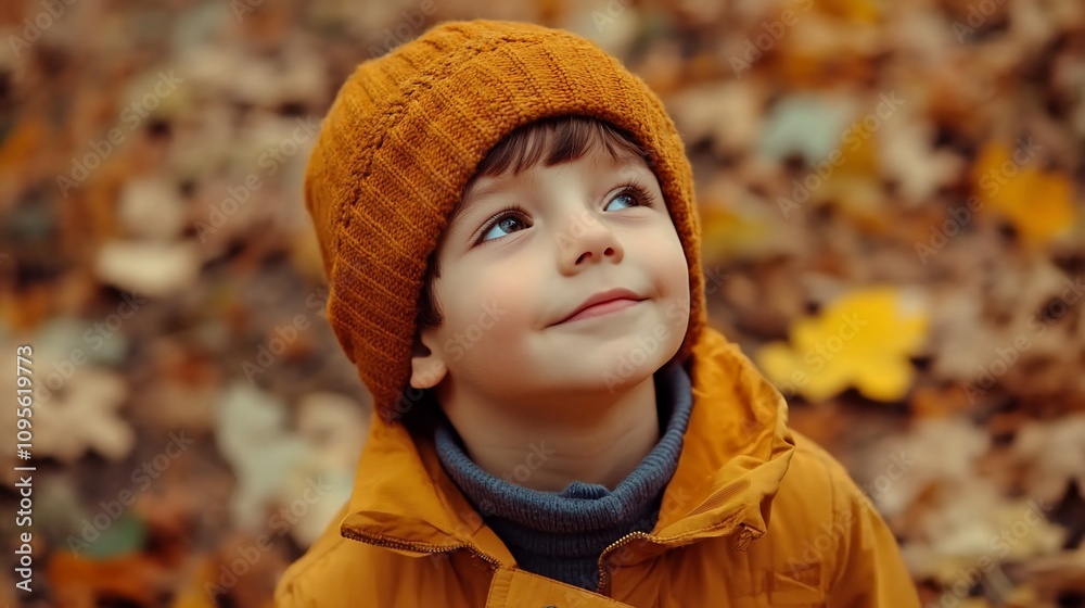 Cute toddler boy looking up in autumn leaves. Cute toddler boy looking up in autumn leaves.