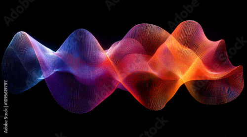 A vibrant, colorful wave pattern against a black background, representing sound or data visualization with smooth flowing curves.
