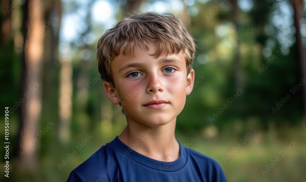 Portrait of boy in forest, natural light, soft focus background, youthful expression, short brown hair, blue eyes, serene atmosphere Portrait of boy in forest, natural light, soft focus background, youthful expression, short brown hair, blue eyes, serene atmosphere