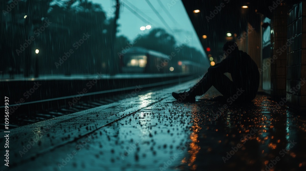 Obraz premium A person sitting at a train station platform, waiting while the rain falls on the tracks, creating a reflective surface.