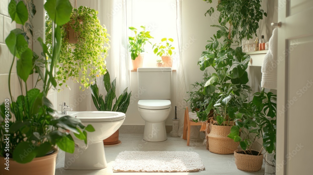 A modern bathroom with a toilet, bidet, and many houseplants. A modern bathroom with a toilet, bidet, and many houseplants.