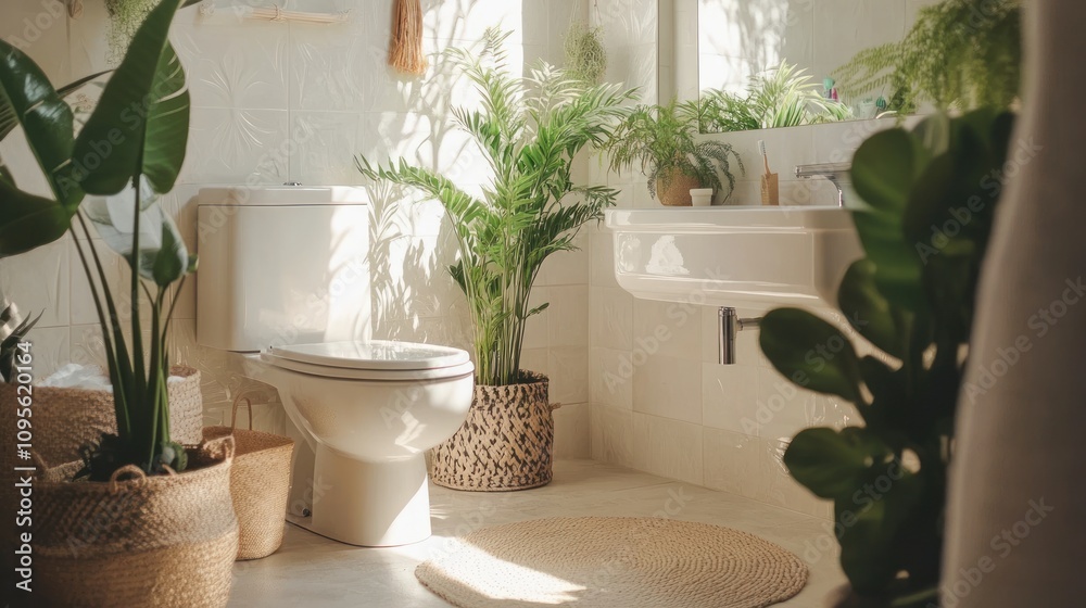 A modern bathroom with white fixtures, a large window, and several potted plants in a natural setting. A modern bathroom with white fixtures, a large window, and several potted plants in a natural setting.