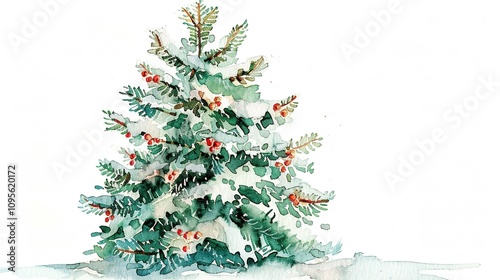 Watercolor Painting of a Snow Covered Evergreen Tree