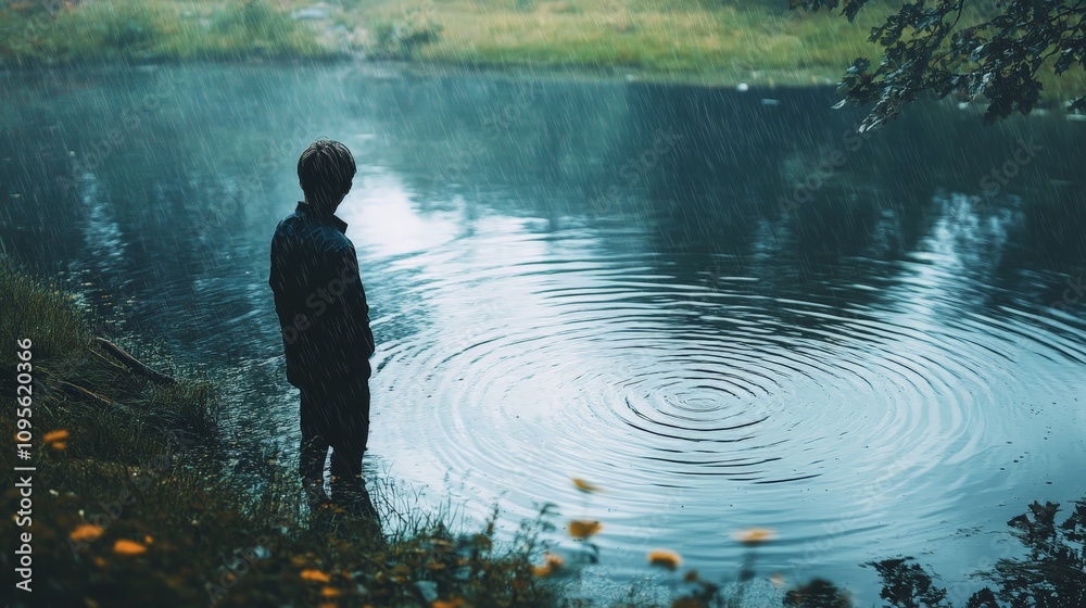 A person standing by a pond during a rainstorm, looking at the rain hitting the water and creating ripples. A person standing by a pond during a rainstorm, looking at the rain hitting the water and creating ripples.
