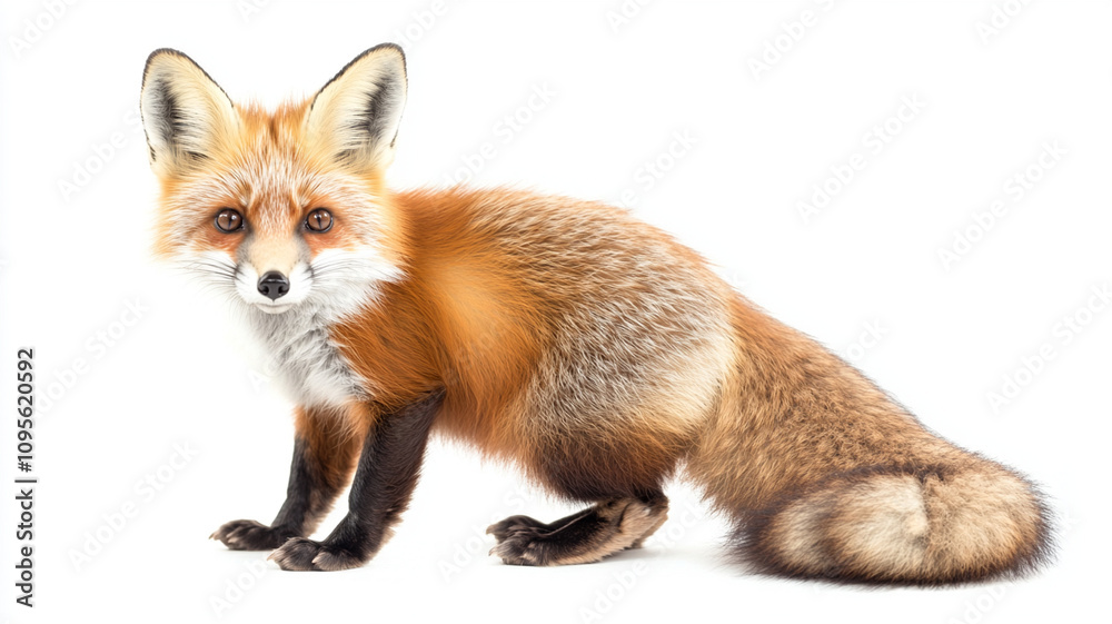 Endearing mammal with fluffy tail posing on pure white background, showcasing its vibrant orange and brown fur Endearing mammal with fluffy tail posing on pure white background, showcasing its vibrant orange and brown fur