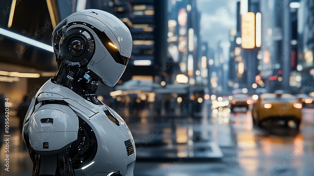 Futuristic robot standing in a city. Futuristic robot standing in a city.