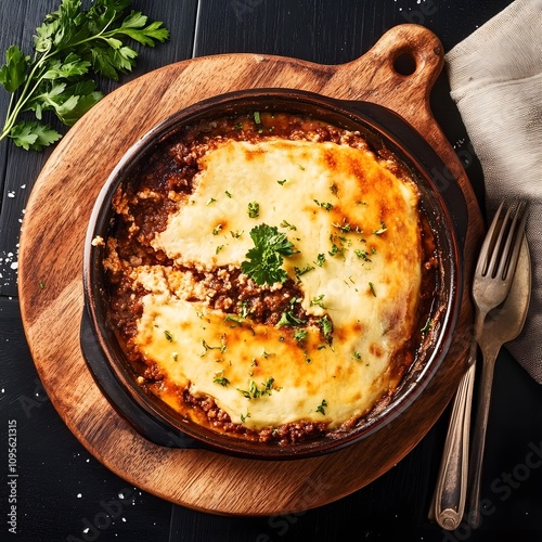 Cooking a fresh homemade moussaka recipe meal. Tasty Dish of Food with cheese photo