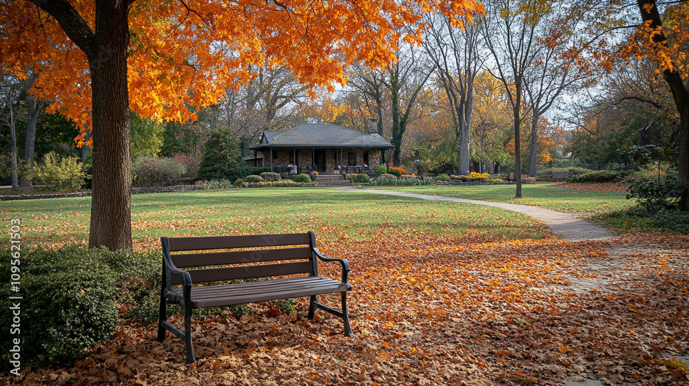 tranquil park bench surrounded by vibrant orange fall leaves, creating serene autumn atmosphere. scene invites relaxation and reflection amidst nature beauty tranquil park bench surrounded by vibrant orange fall leaves, creating serene autumn atmosphere. scene invites relaxation and reflection amidst nature beauty