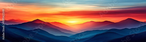 tranquil evening scene with fiery sunset illuminating mountains. vibrant colors create serene atmosphere, perfect for relaxation and reflection